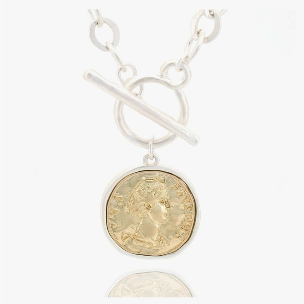 18k Gold Plated Coin Pendant Silver 18” Necklace with Toggle Clasp Link Chain